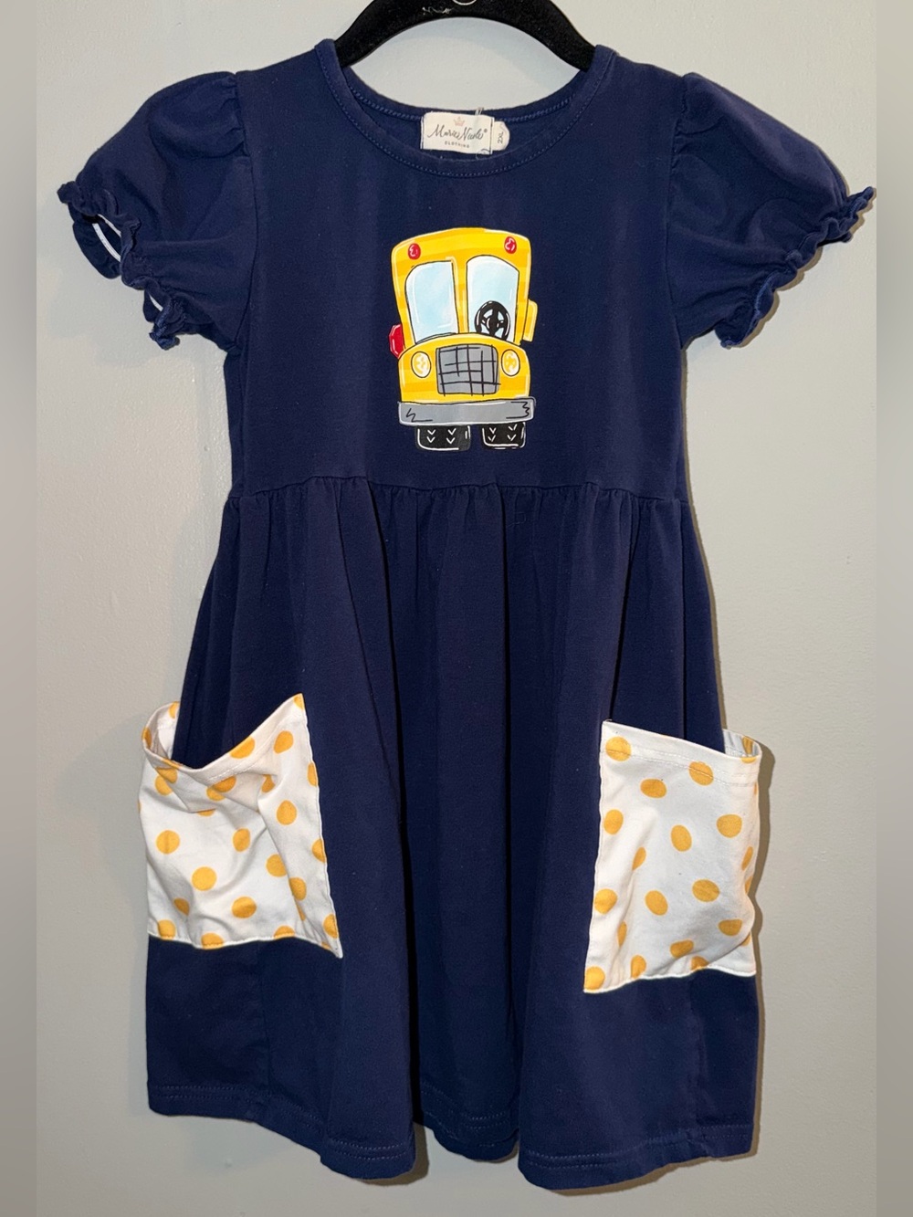 Navy Girls' Dress with Yellow School Bus Appliqué by Marie Nicole